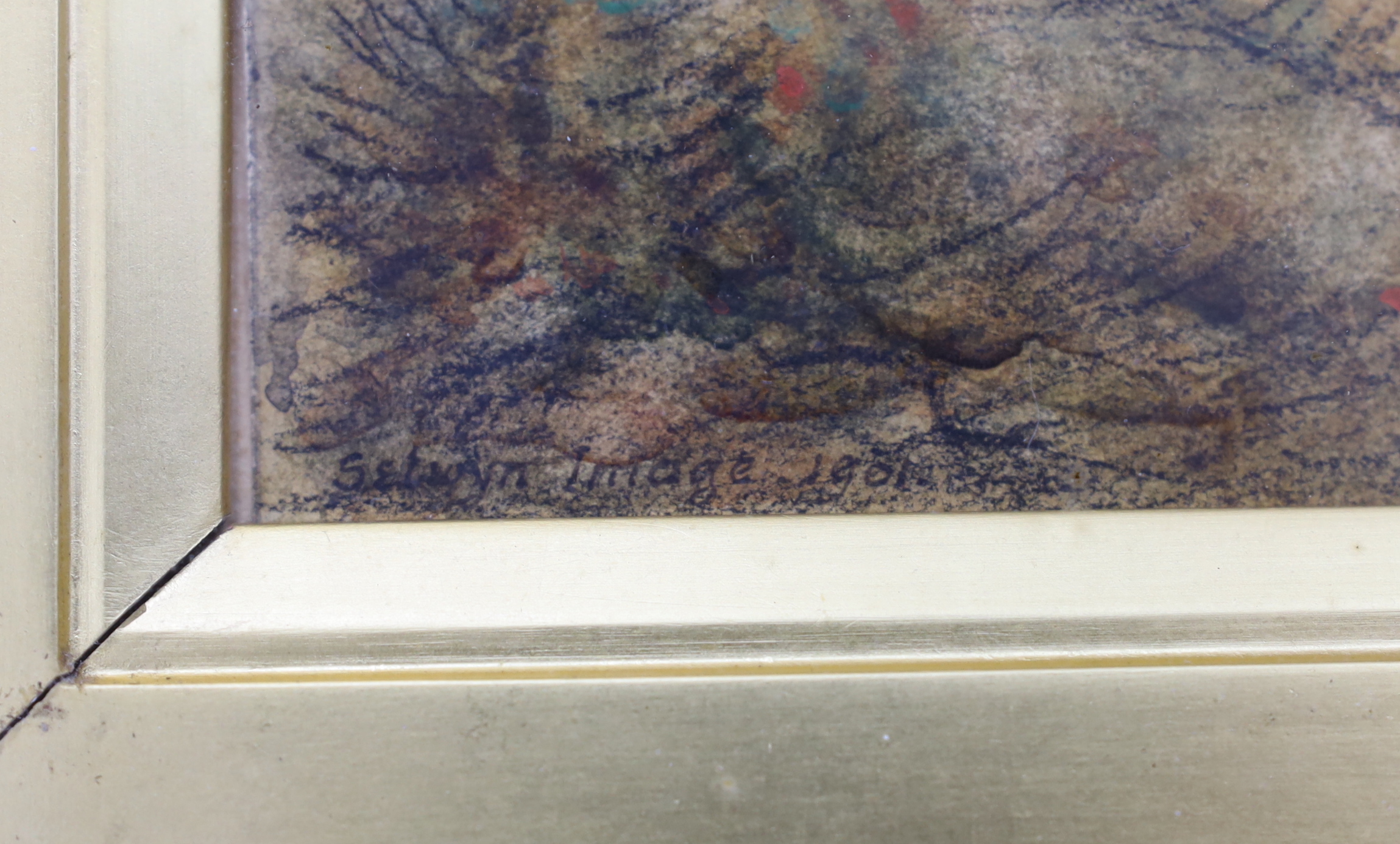Selwyn Image (1849-1930), pencil and watercolour, Landscape with trees before barns, signed and dated 1901, 17 x 26cm